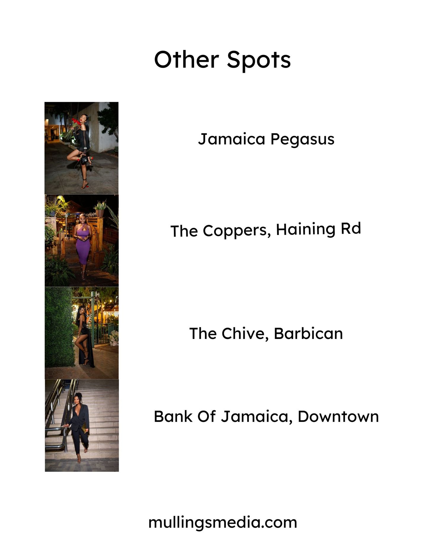 List of photography locations in Jamaica showing venue names and addresses.