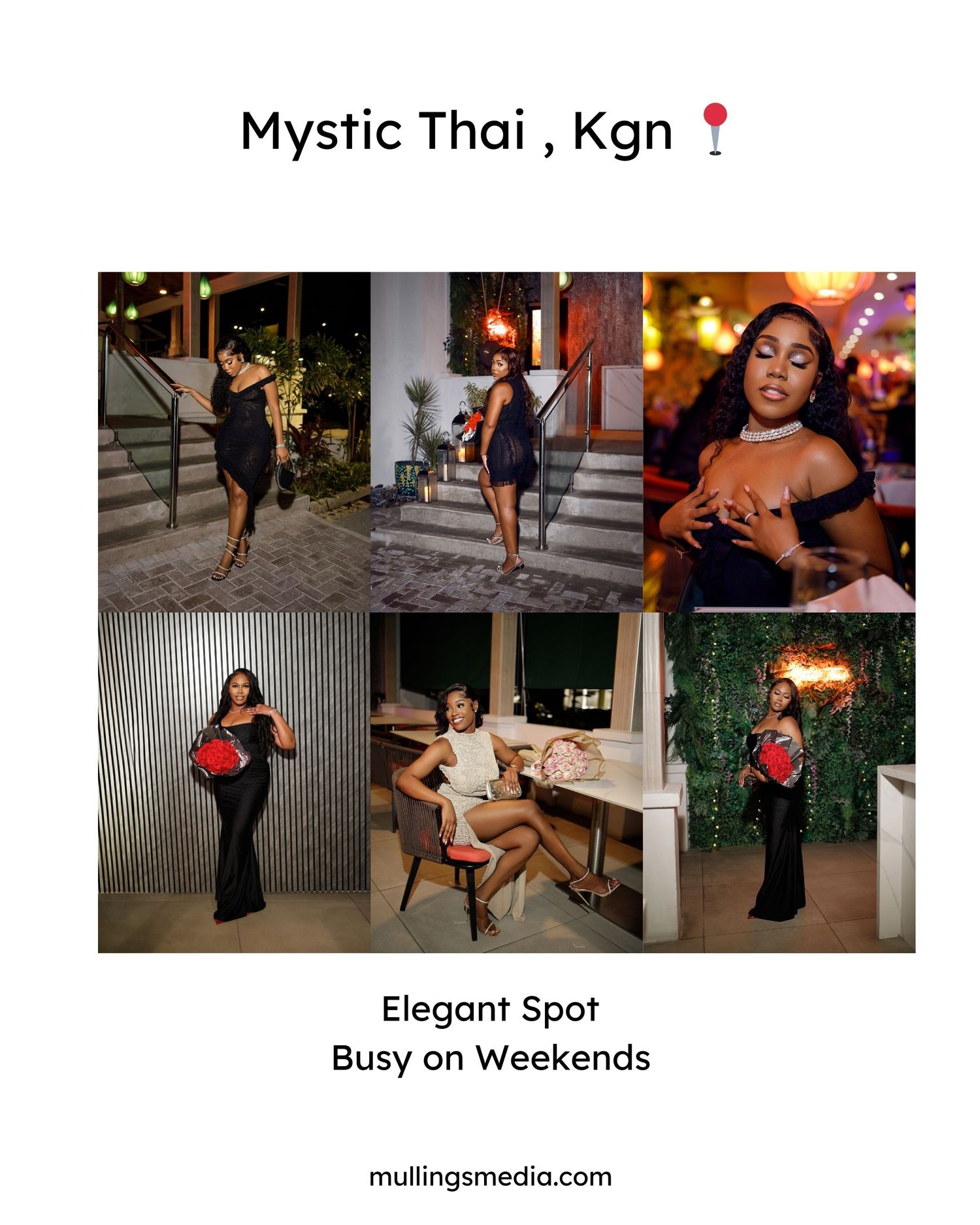 Photo collection from Mystic Thai restaurant featuring fashion poses and nighttime ambiance.