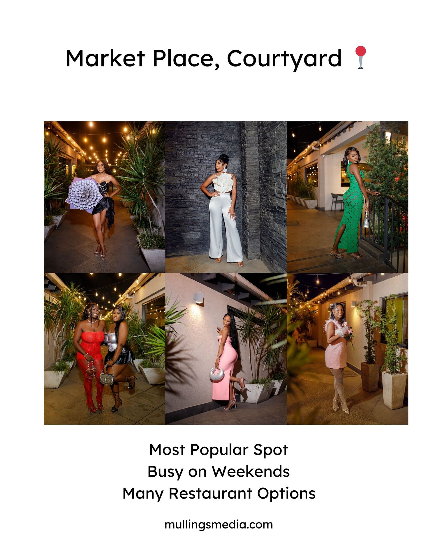 Collage of fashion photos taken at Market Place Courtyard showing various poses and outfits.