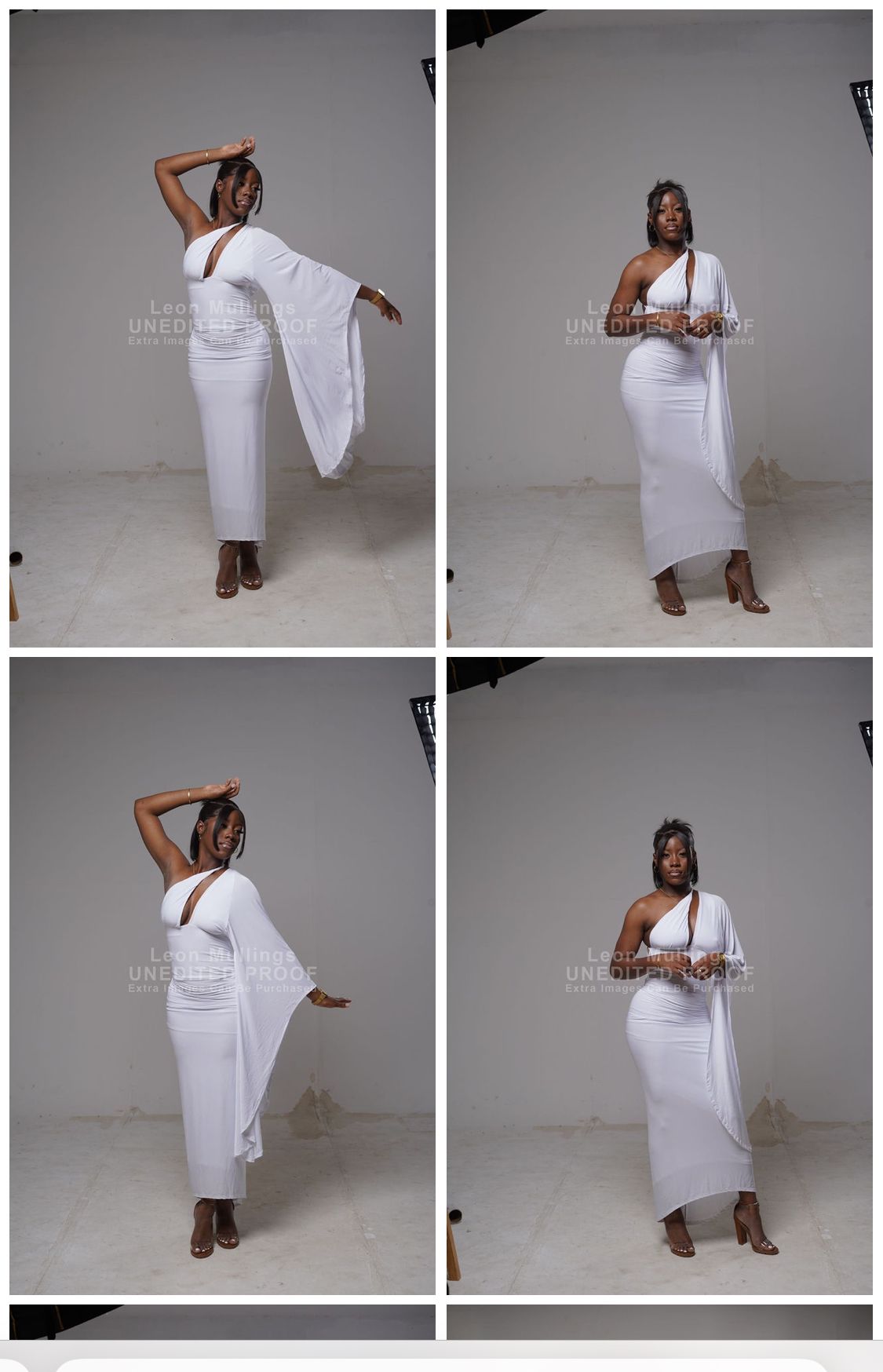 Fashion photography collage showing elegant white dress poses against studio backdrop.