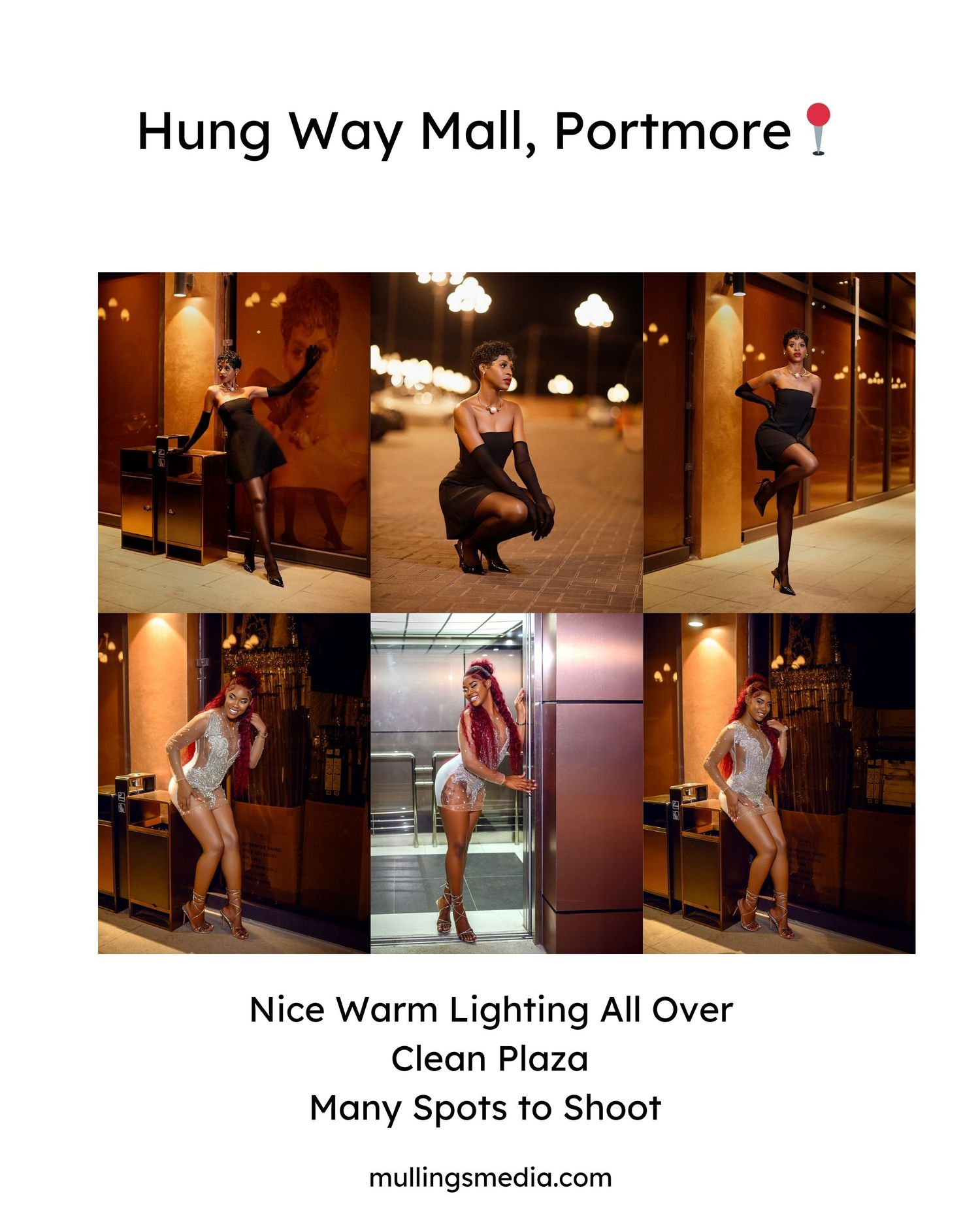 Fashion photography series at Hung Way Mall showcasing poses with warm architectural lighting.