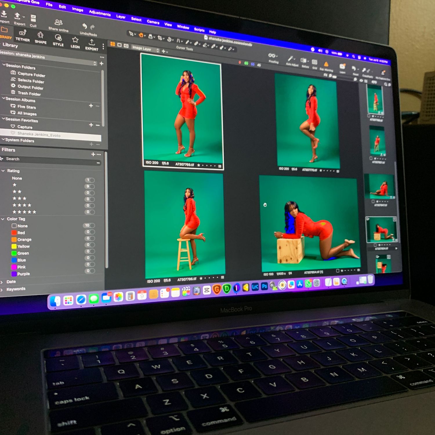 Computer screen displaying photo editing software with multiple fashion images on green background.