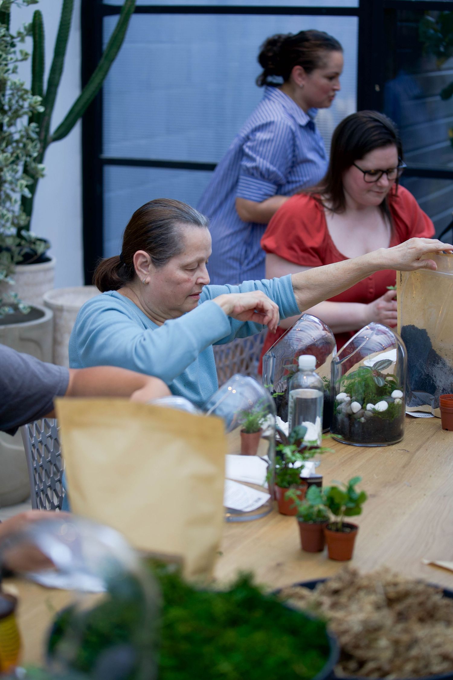 Women crafting terrariums with succulents and glass domes on a wooden table at an indoor gardening workshop.