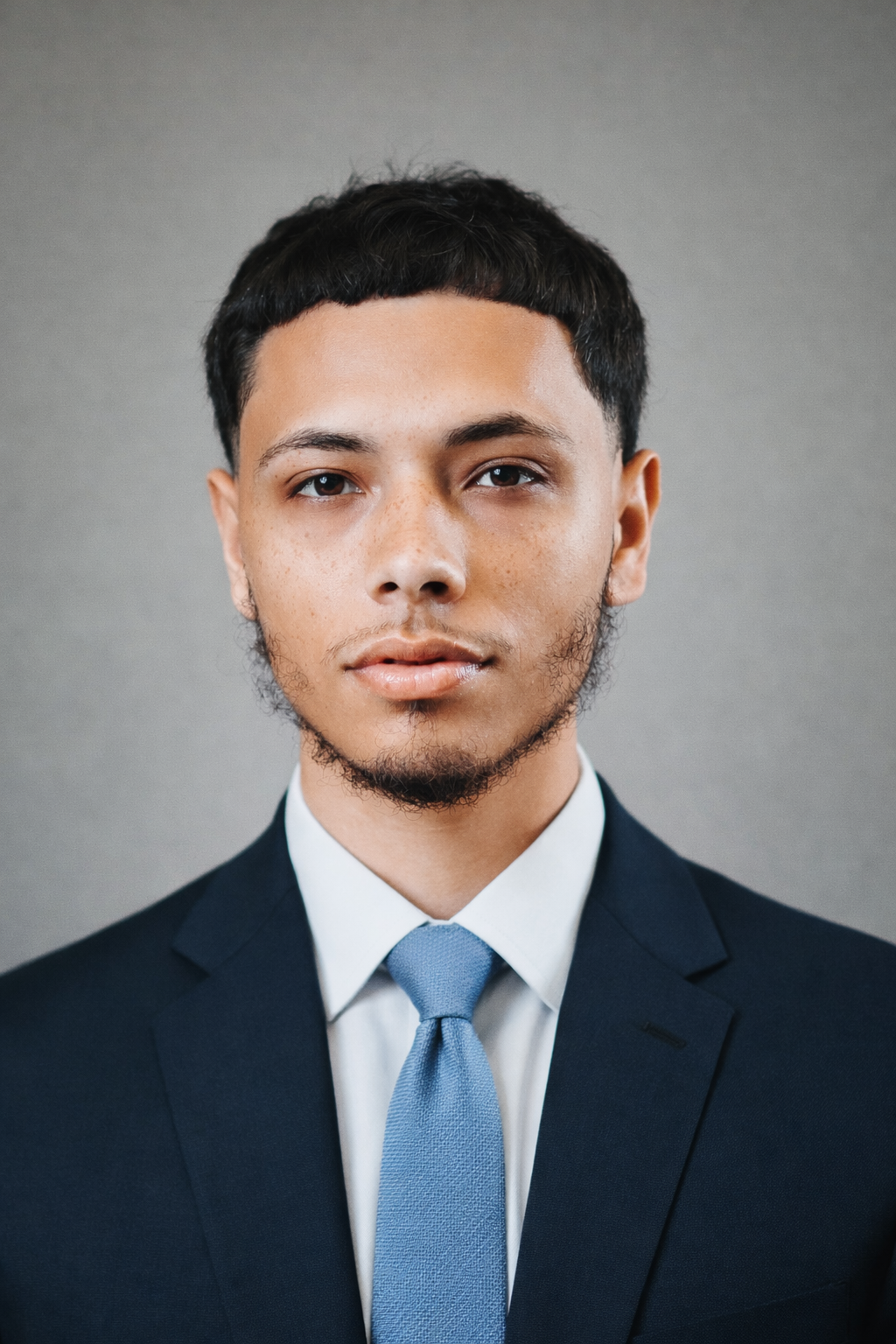 Professional wearing navy suit and light blue tie against gray background.