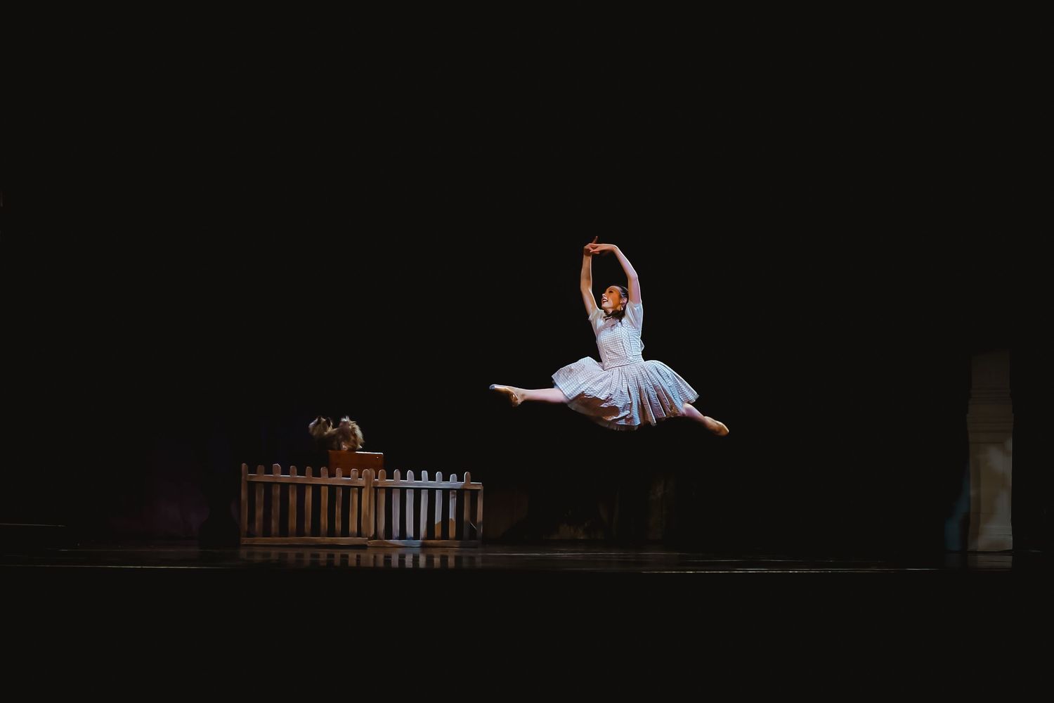 A ballet dancer leaps gracefully on stage in a white tutu under dramatic lighting during a live performance.