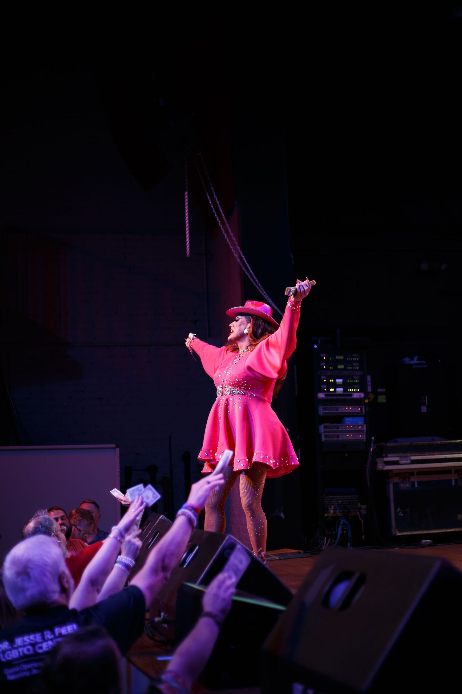 Performer in pink cowgirl outfit sings on stage at an LGBTQ Pride concert event with crowd reaching up.