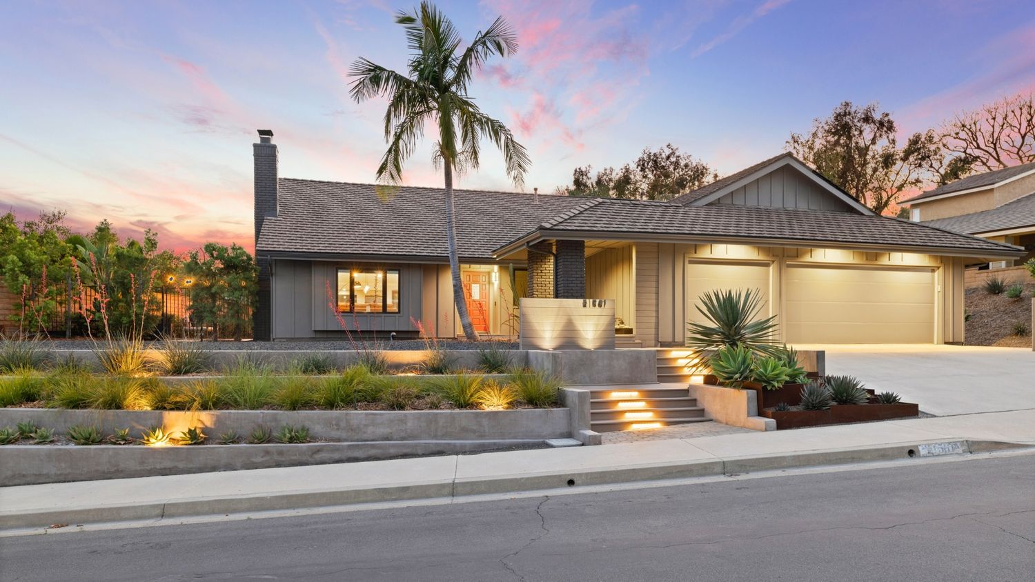 Lake Forest Real Estate Photo, exterior home shot at sunset with blue hour by Makenzie Romano