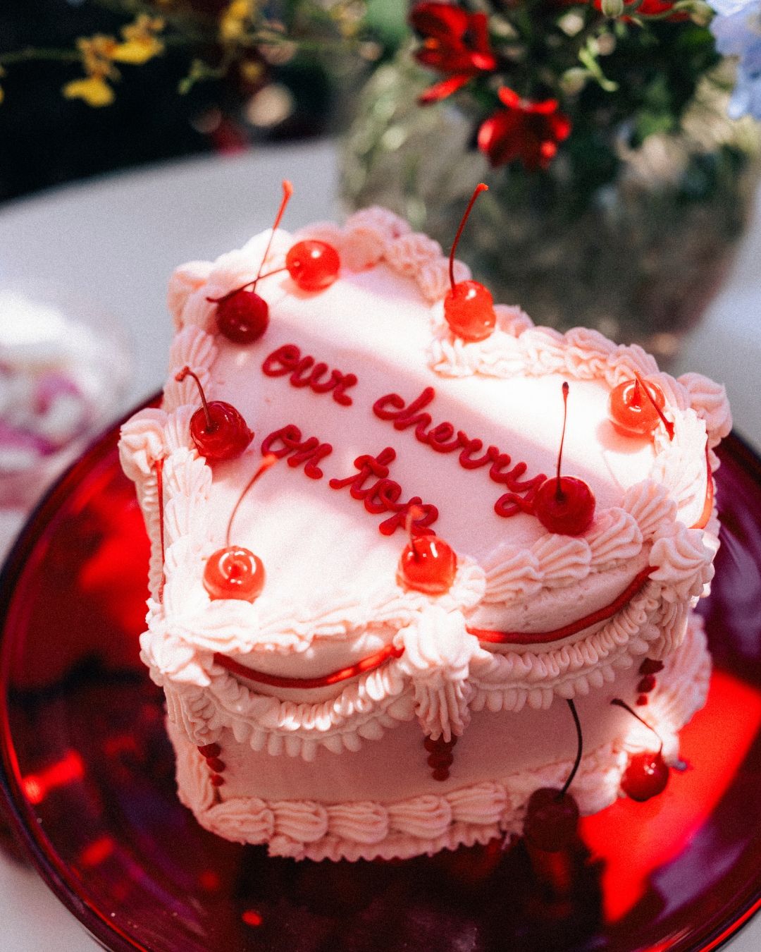 Heart-shaped strawberry birthday cake, styled detail shot by Makenzie Rae Photography, Orange County California event and lifestyle photogra