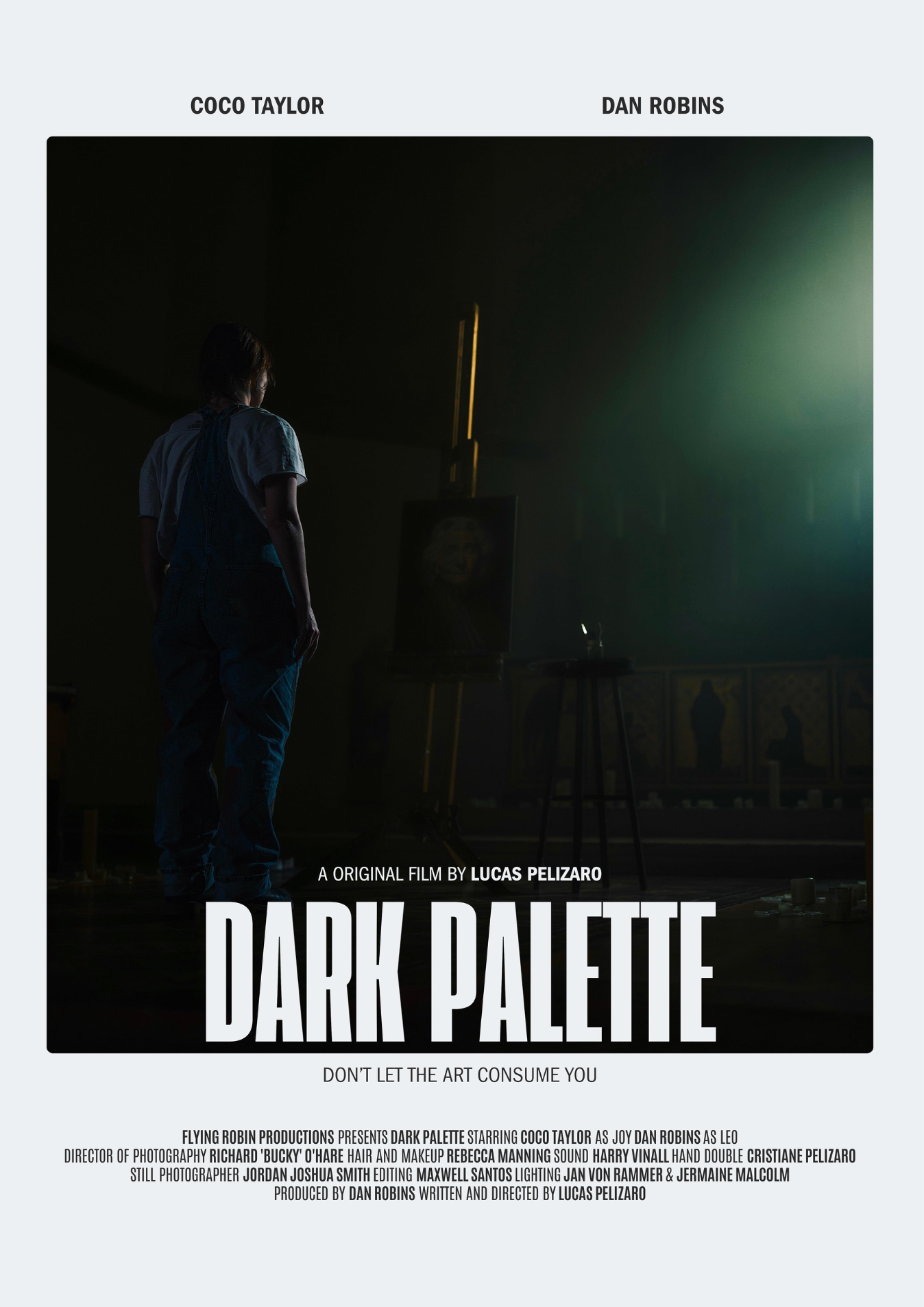 Dark Palette film poster featuring a silhouetted figure painting on canvas under dramatic green and yellow lighting.