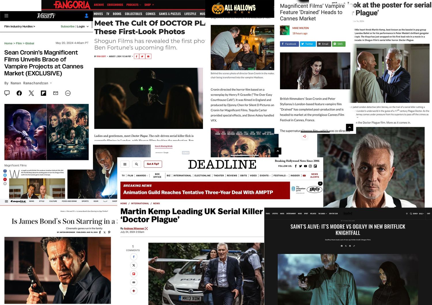 Collage of entertainment news articles and press coverage about film and TV productions.