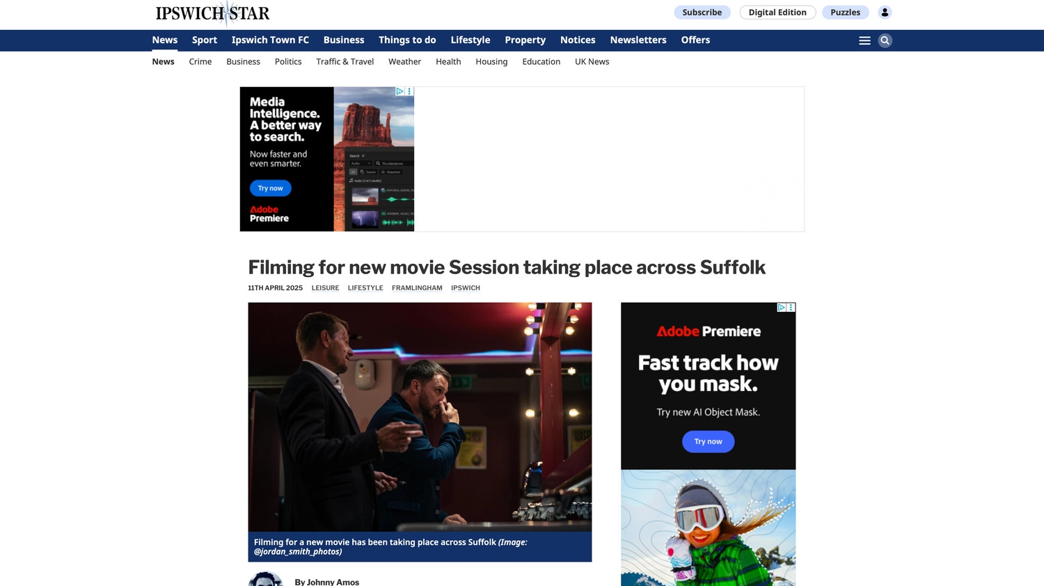 Ipswich Star newspaper website featuring an article about filming for the movie Session taking place across Suffolk.