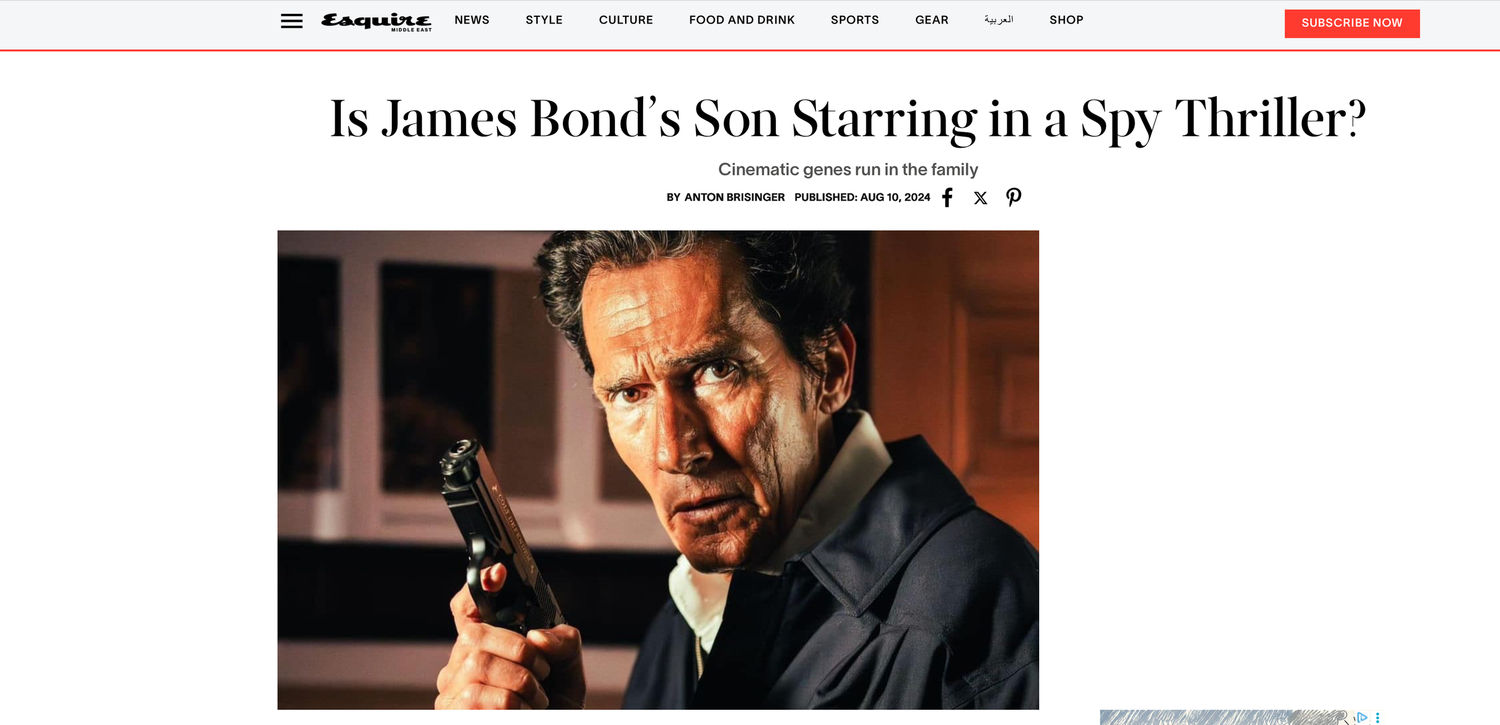 Esquire article asking Is James Bond's Son Starring in a Spy Thriller with a man holding a gun.