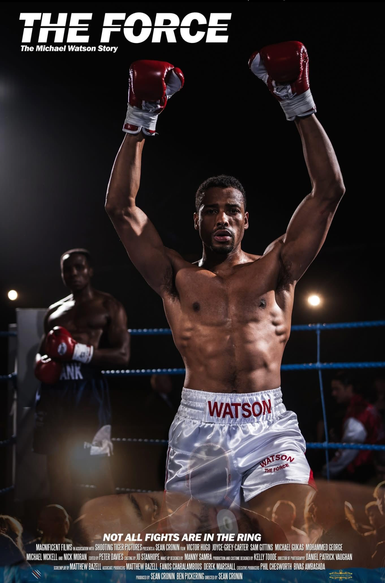 Movie poster for The Force: The Michael Watson Story showing a boxer with raised gloves in a boxing ring at night.