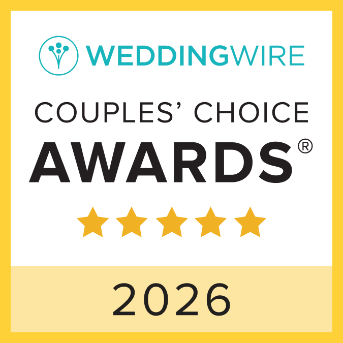 WeddingWire Couples Choice Awards 2026 badge with five gold stars recognizing top-rated wedding vendors.