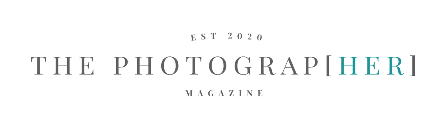 The Photograp[HER] Magazine logo with teal accent, established 2020, on white background.