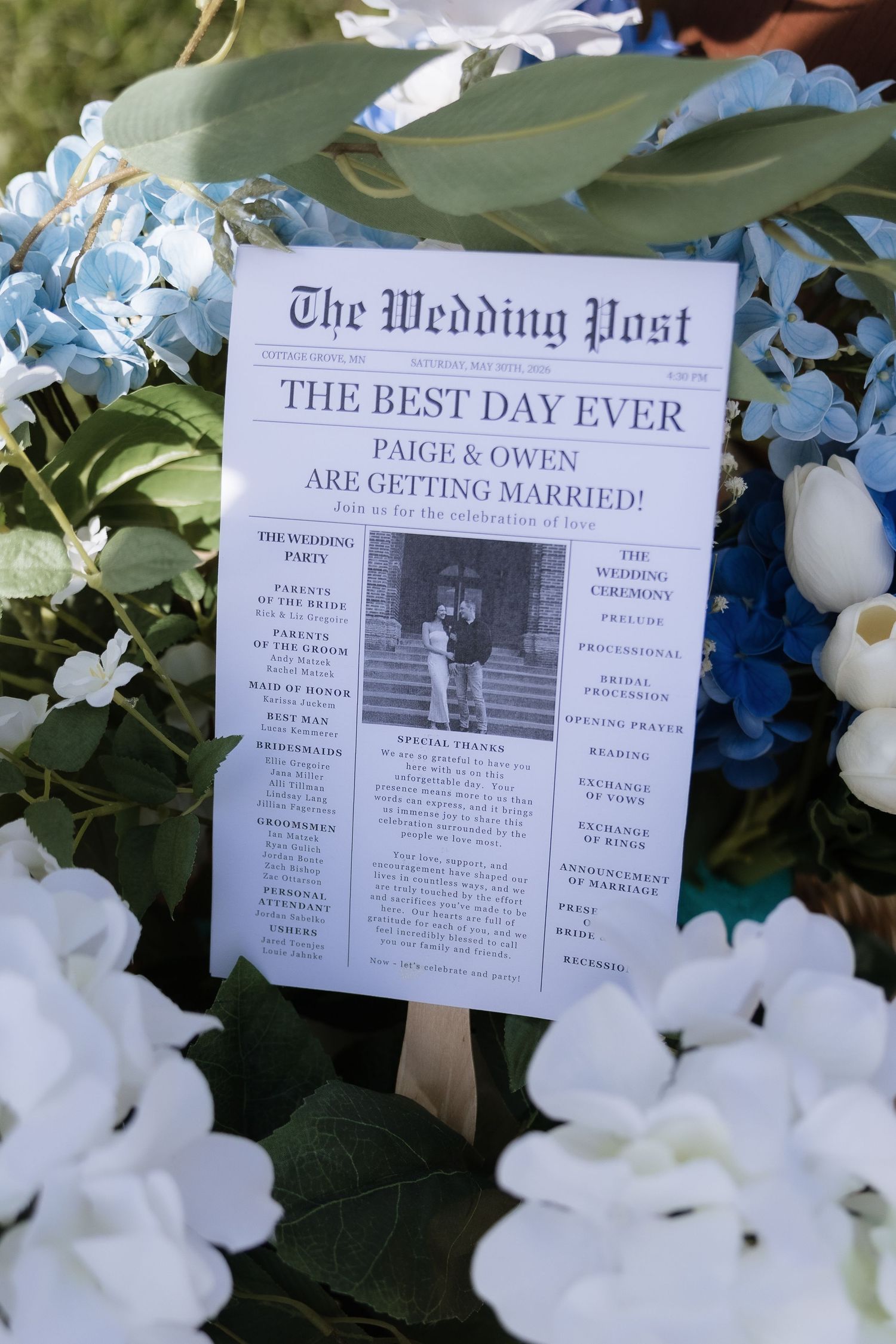 Wedding program designed as a newspaper called The Wedding Post announcing Paige and Owen's marriage ceremony.
