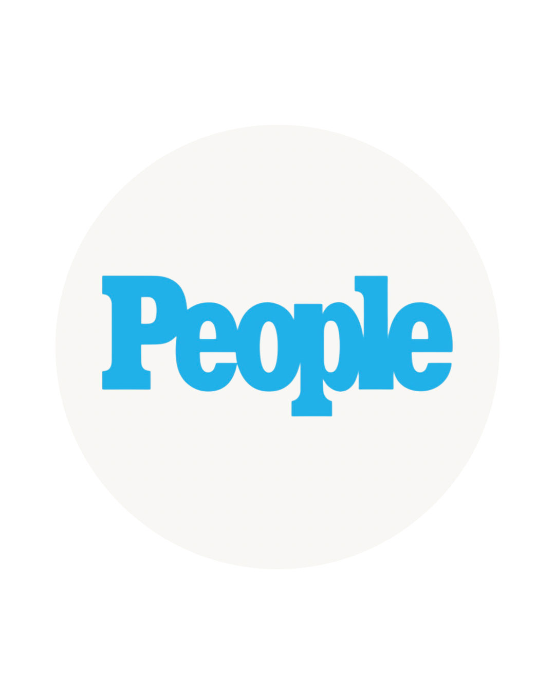 People magazine logo in blue text on a light beige circular background.