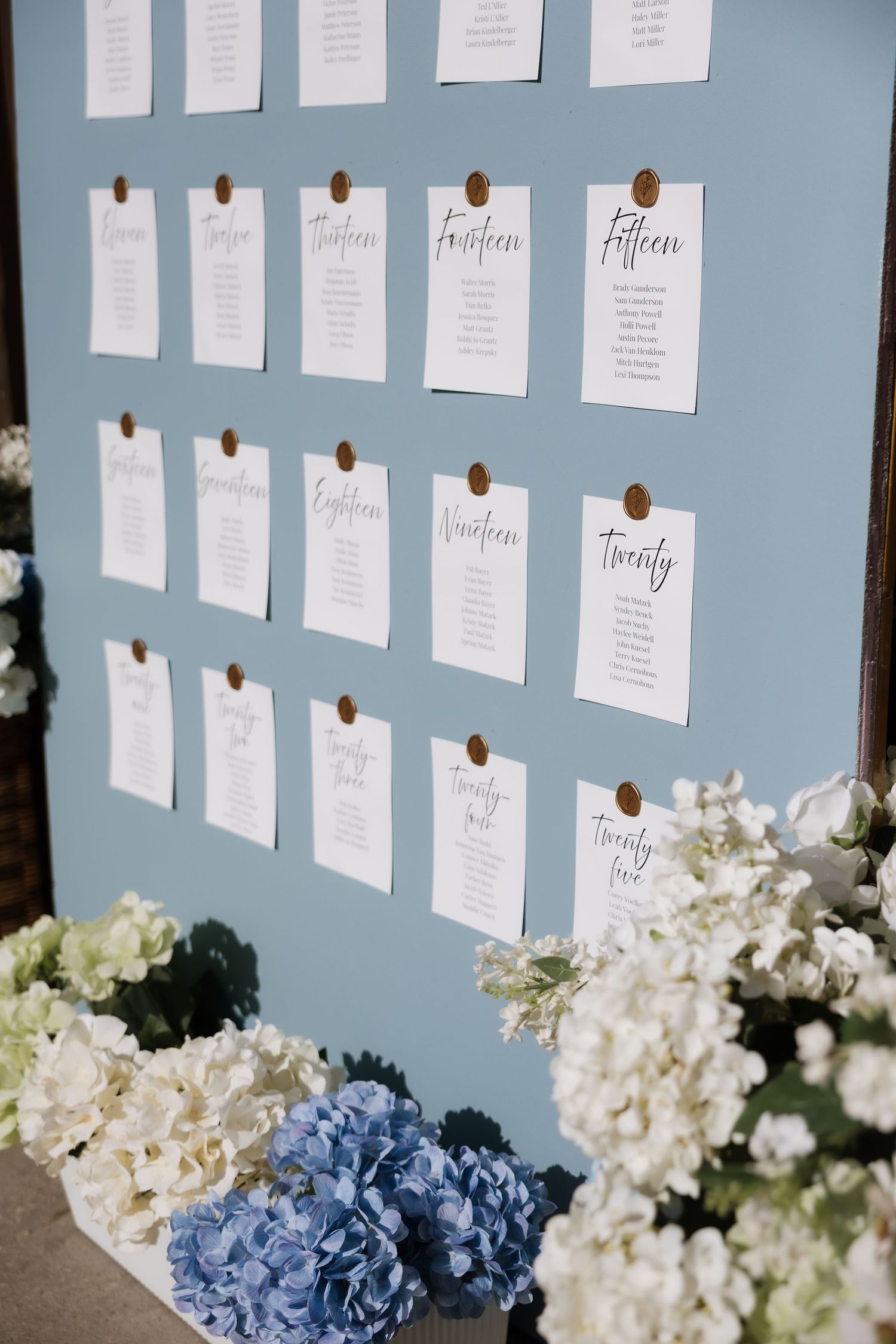 Blue wedding seating chart display with white cards and hydrangea floral arrangements below.