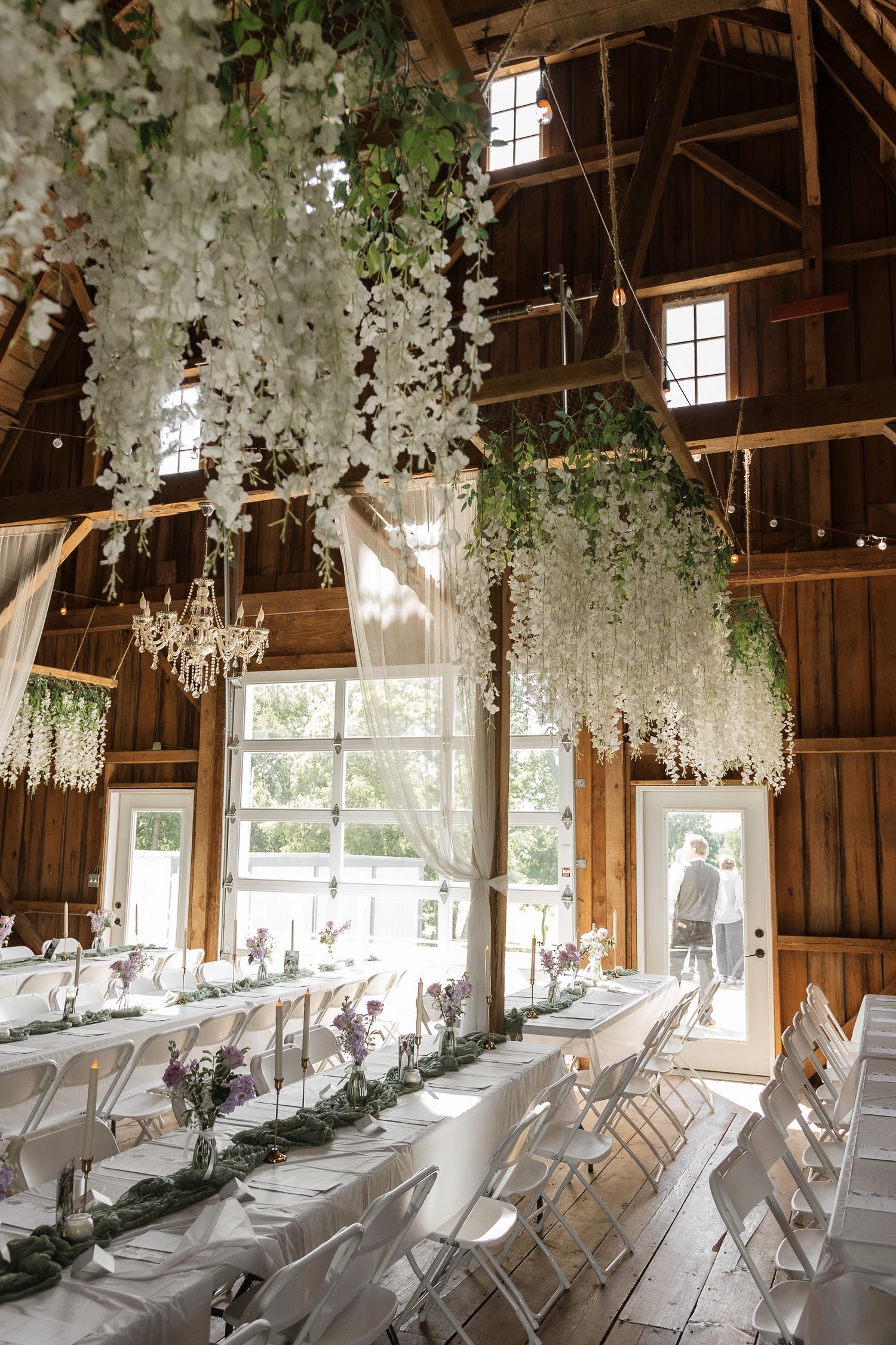 Rustic barn wedding reception with hanging white wisteria, chandeliers, and long white-draped tables.