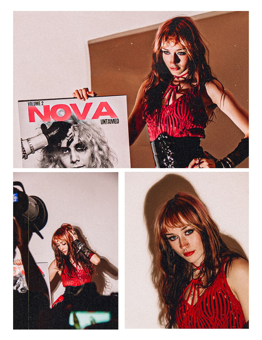 Three-panel collage of a redheaded woman holding NOVA Volume 2 magazine wearing a red sequin top.