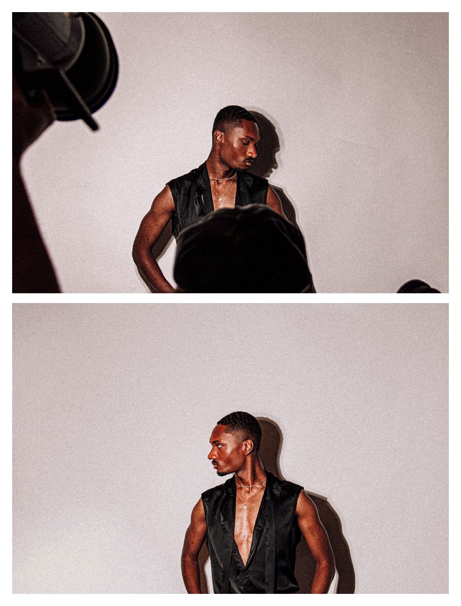 Two-panel photo of a muscular Black man in a sleeveless black satin vest posing under studio lighting.