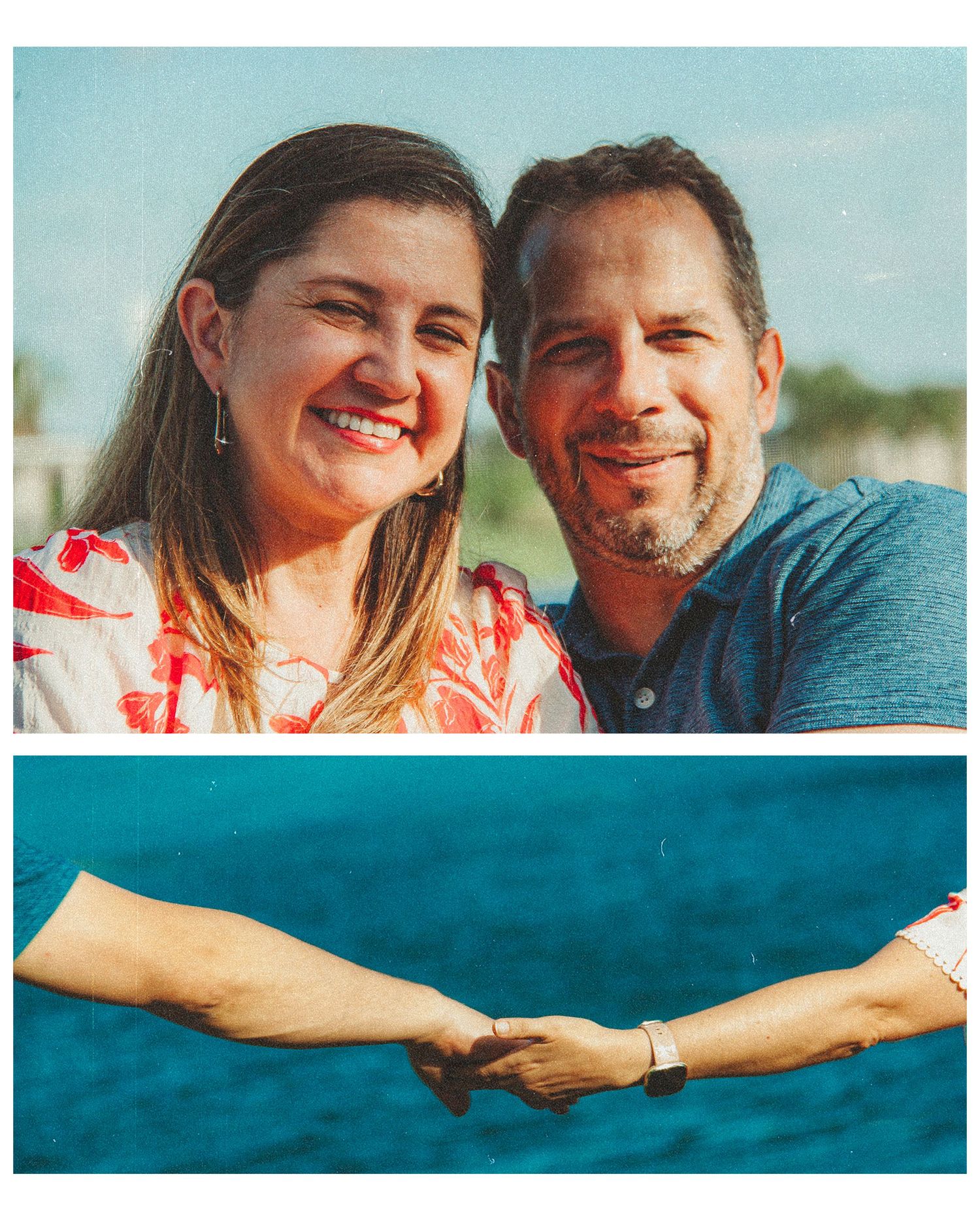 A smiling couple poses together near water, with a close-up of their hands holding below.