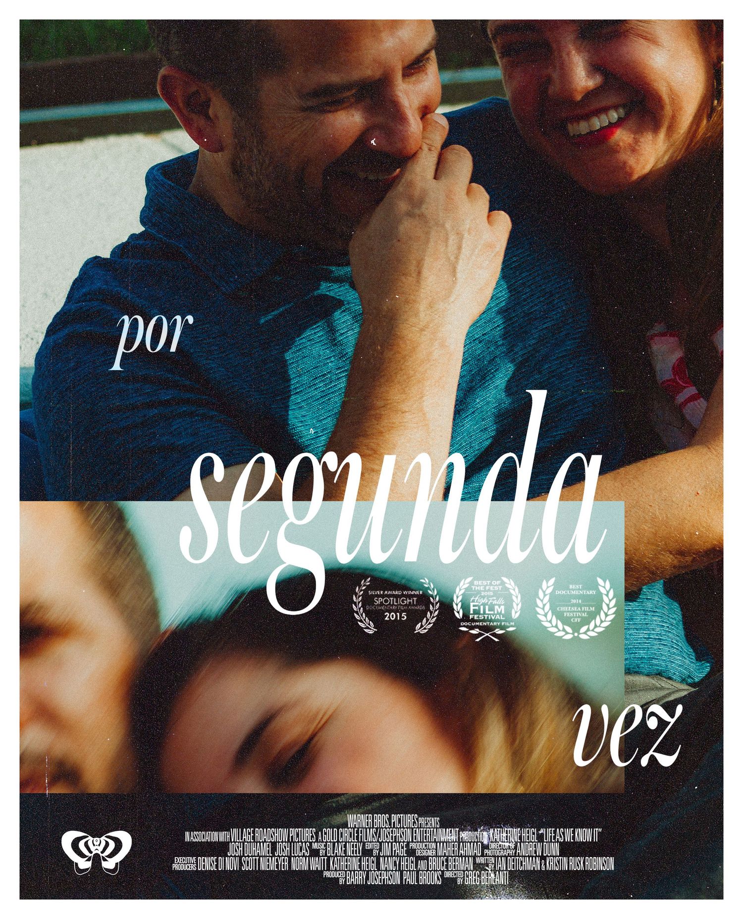 Film poster for Por Segunda Vez showing laughing couple embracing outdoors in warm natural light.