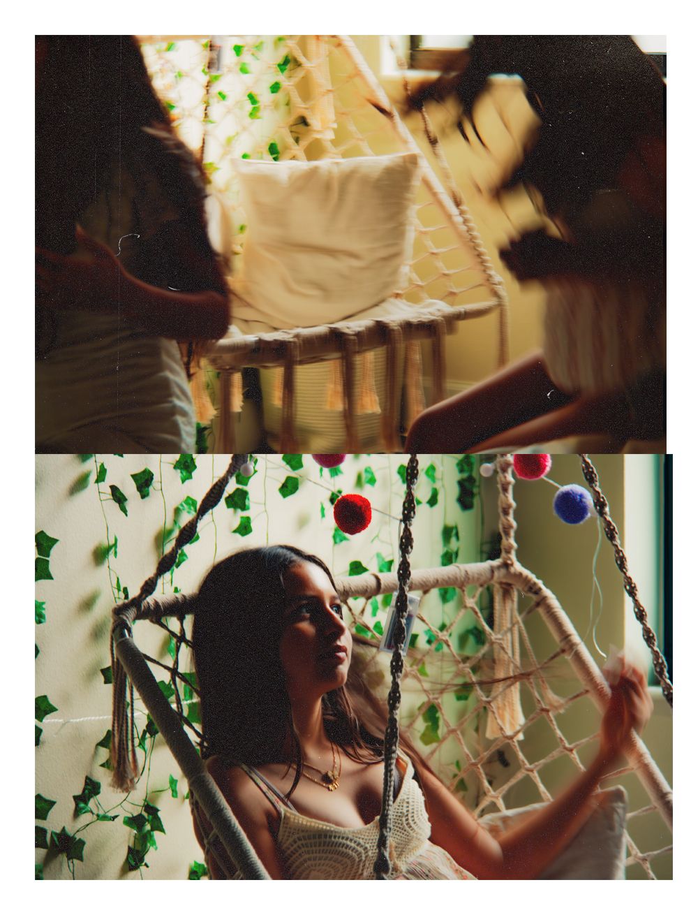 Woman relaxing in macrame hammock swing surrounded by green ivy wall decor with colorful pom poms.