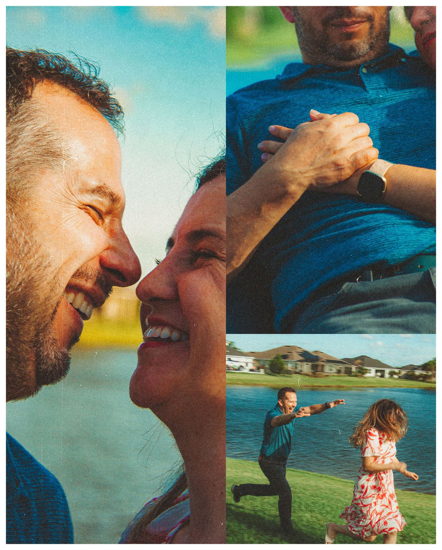 A collage of a happy couple laughing, holding hands, and dancing outdoors by a lakeside.