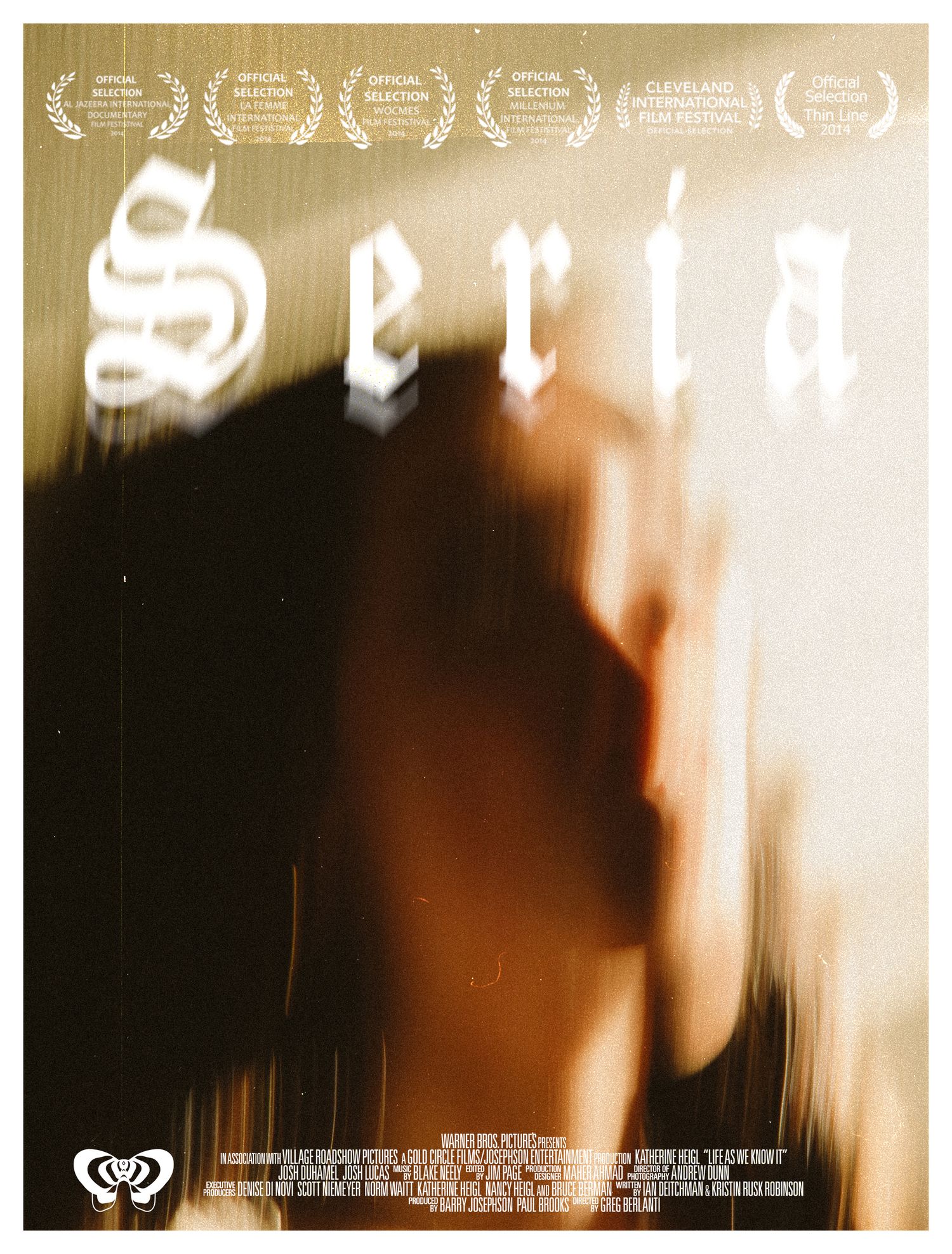 Official film festival poster for Seria featuring blurred silhouette portrait on warm golden background.