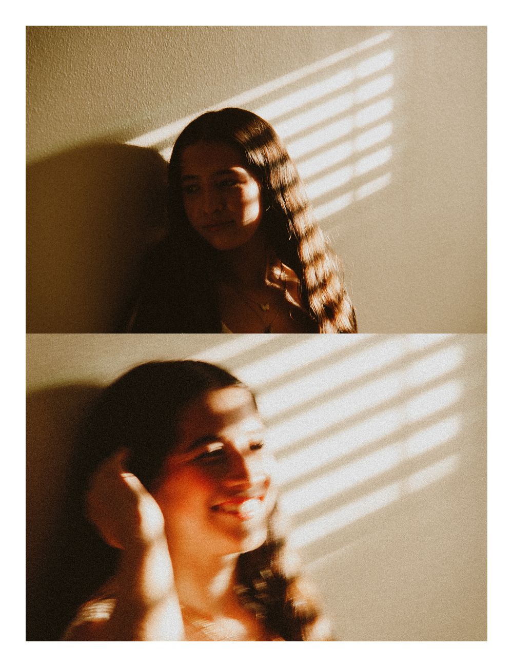 Diptych portrait of a young woman with long curly hair bathed in warm striped window light on a wall.