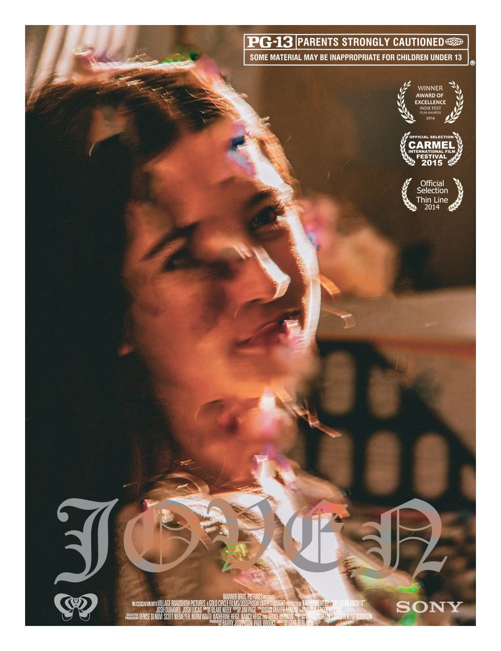 Official PG-13 movie poster for Joven featuring a woman in colorful light with Sony and festival laurels.