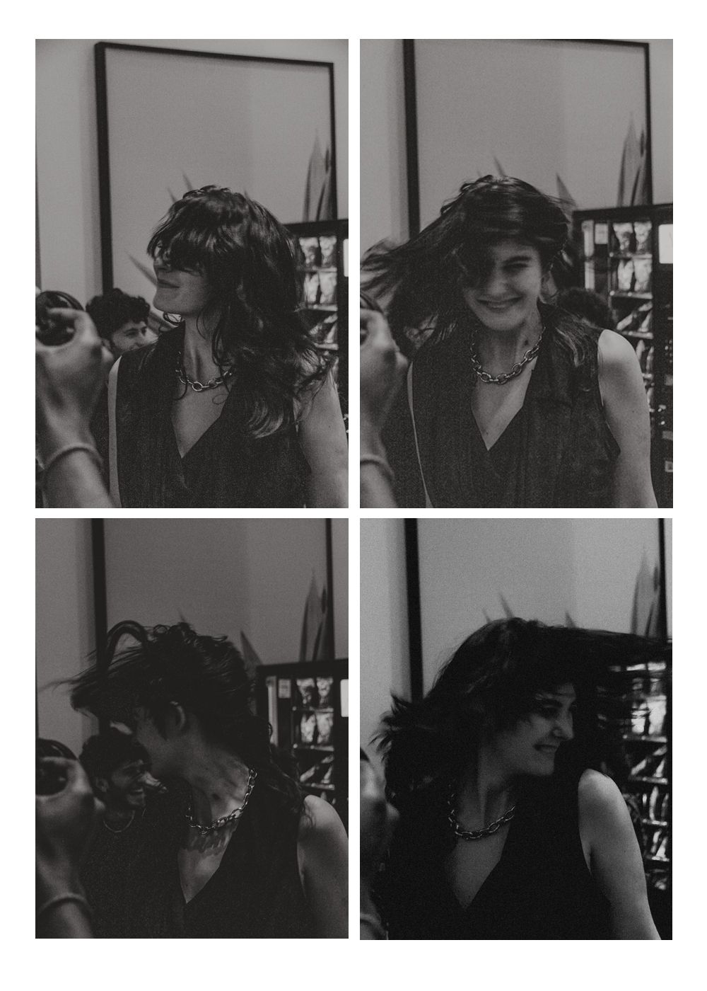 A black and white photo series of a woman with dark hair tossing her hair playfully.