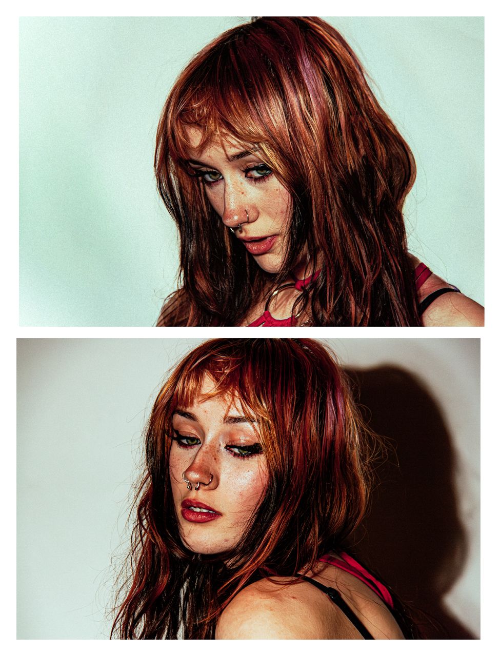A woman with red hair and bangs poses in two shots wearing a pink top against a light background.