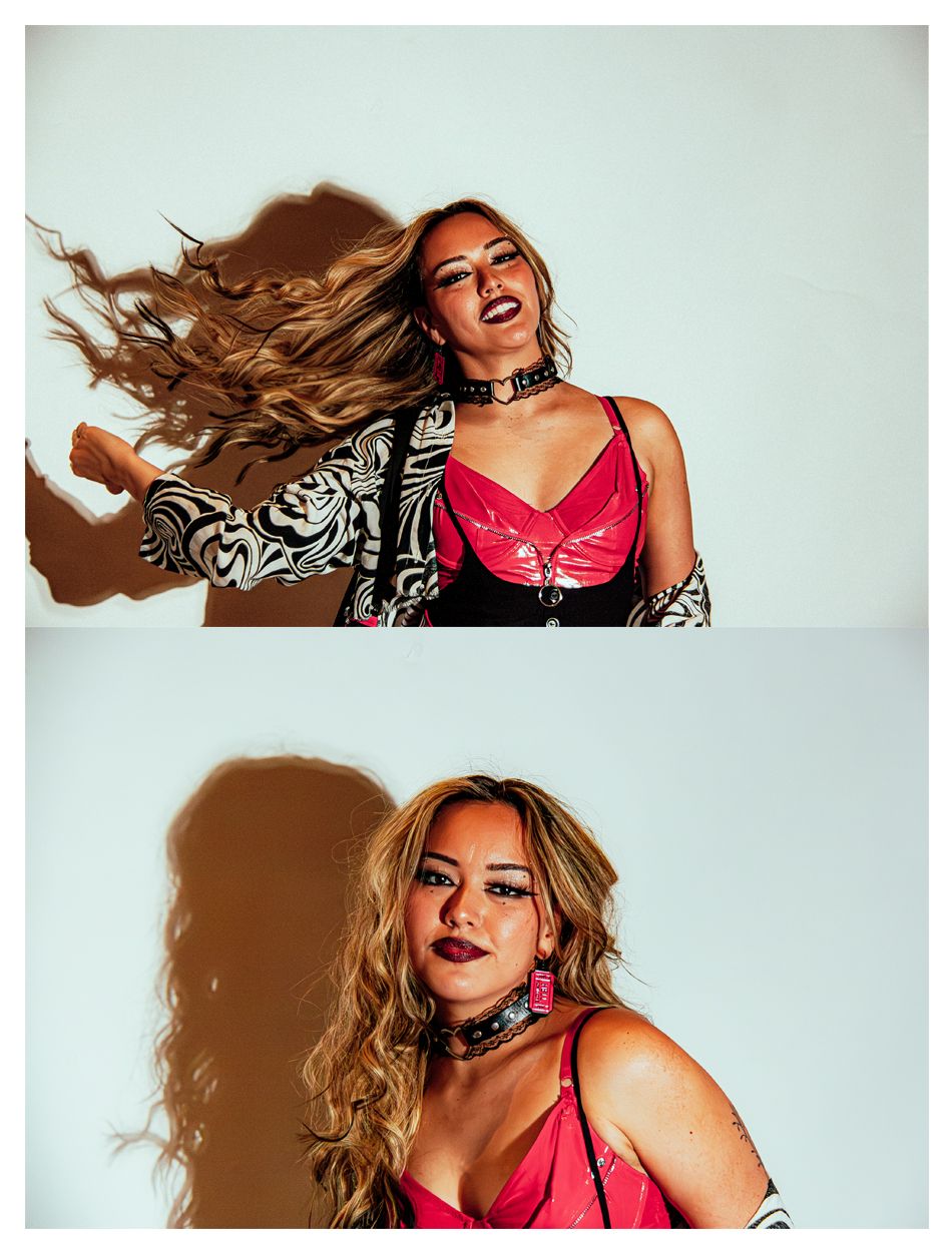Diptych portrait of blonde woman in pink top and zebra print jacket posing against light blue background.