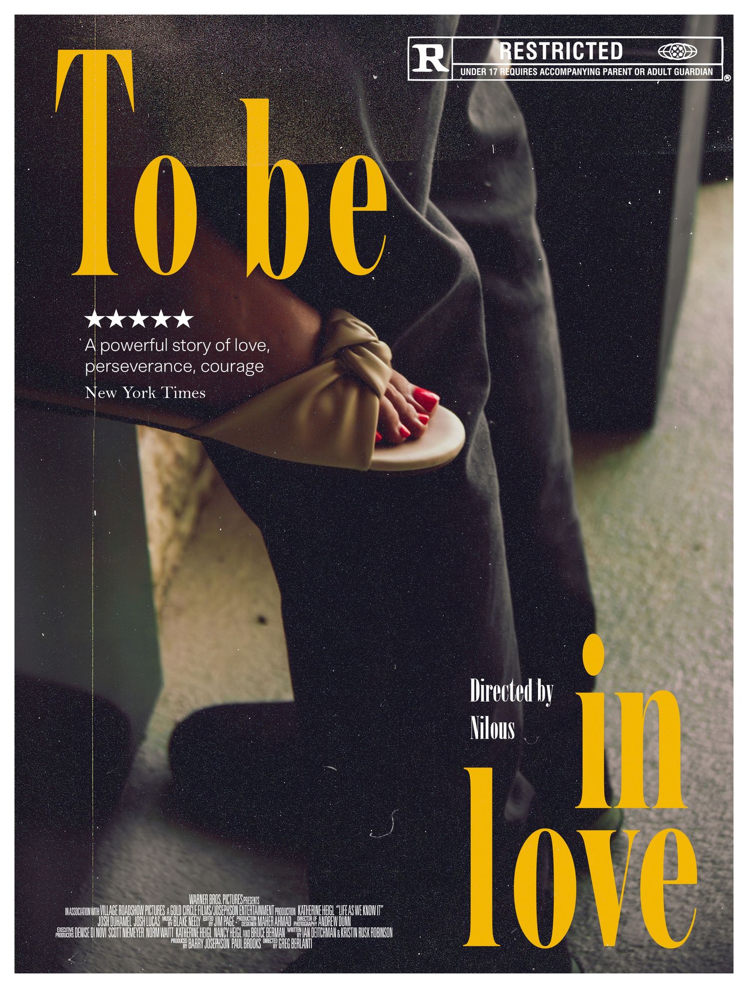 Movie poster for 'To Be in Love,' directed by Nilous, rated R, featuring a five-star New York Times review.