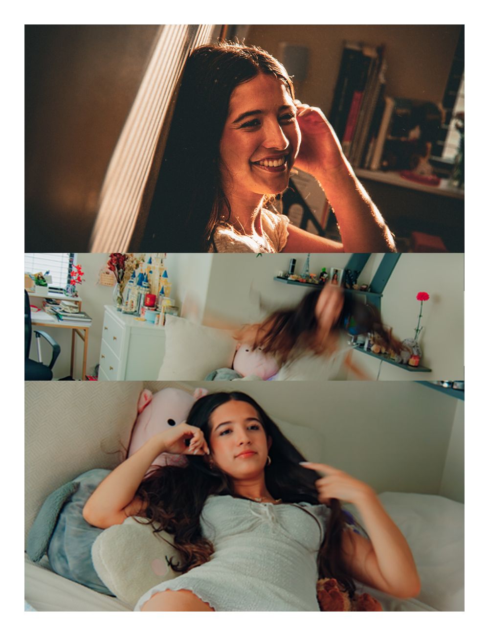 Triptych of a young woman smiling by a window, tossing hair, and relaxing on a bed in warm light.