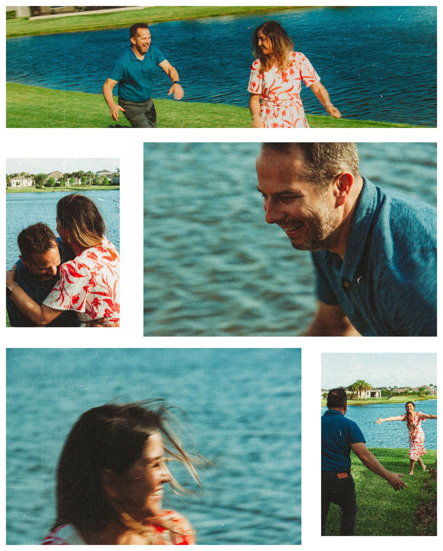 Photo collage of a happy couple playing and laughing together near a blue lake outdoors.
