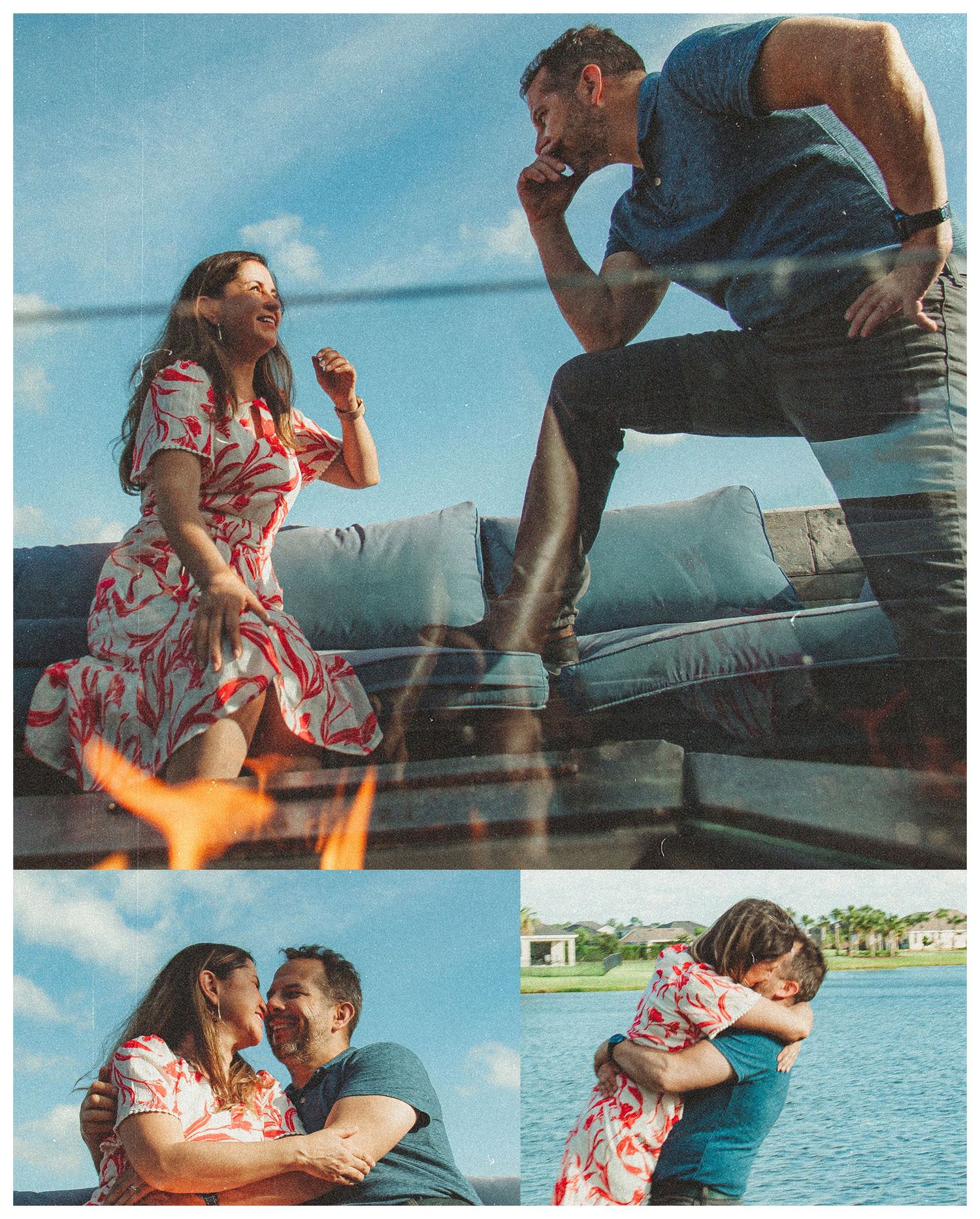 A couple shares joyful moments on a patio and by a lake, the woman wearing a floral dress.