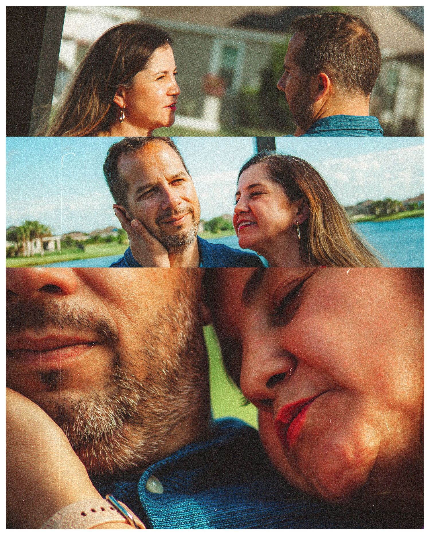 Three-panel photo collage of a couple sharing intimate moments, smiling and looking at each other.