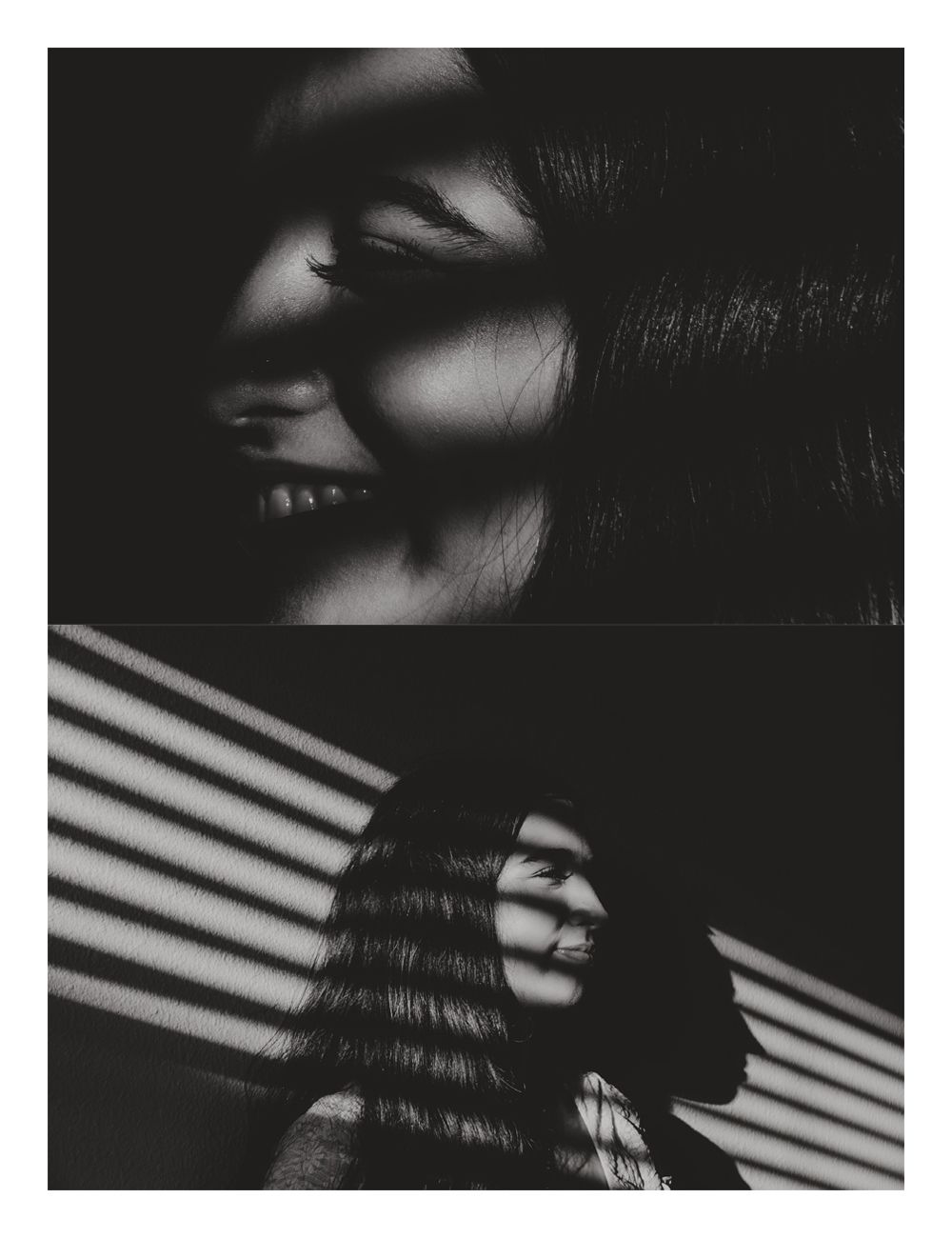 Black and white diptych portrait of a woman with dramatic striped shadow patterns across her face and hair.