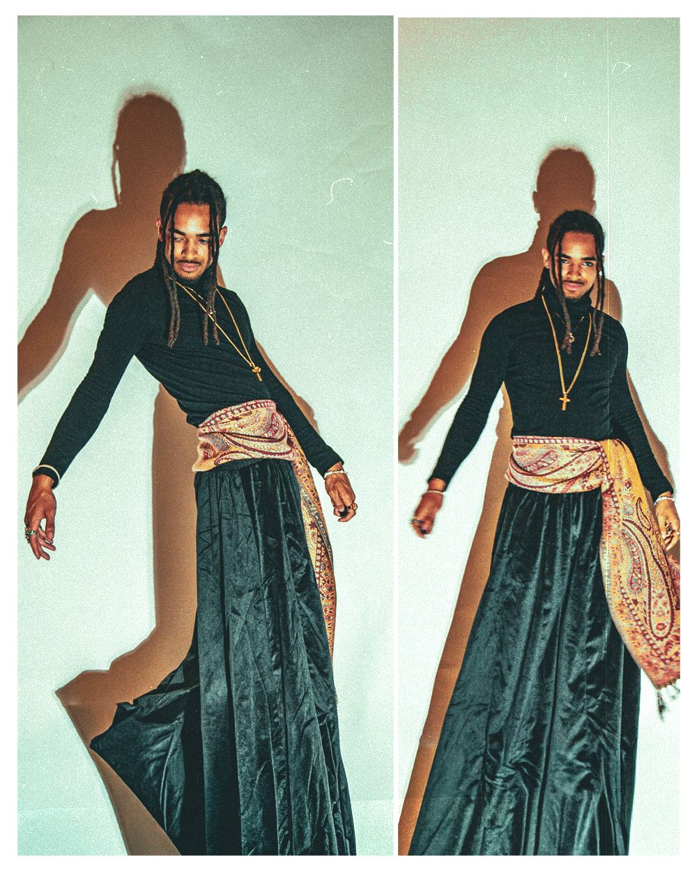 Diptych of a man with dreadlocks wearing a black turtleneck and flowing teal velvet skirt with paisley sash accessory.