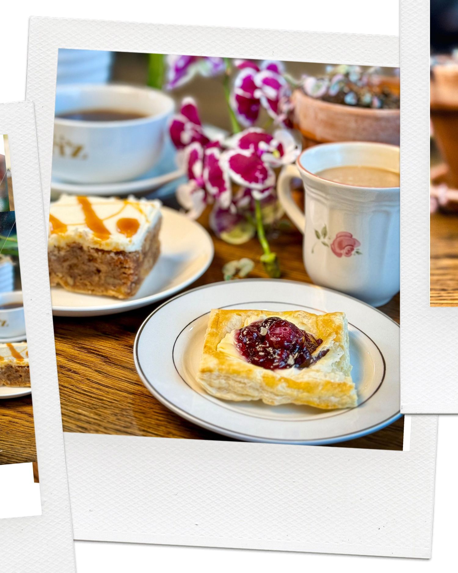 Breakfast setting with pastry and coffee cup decorated with purple orchids.