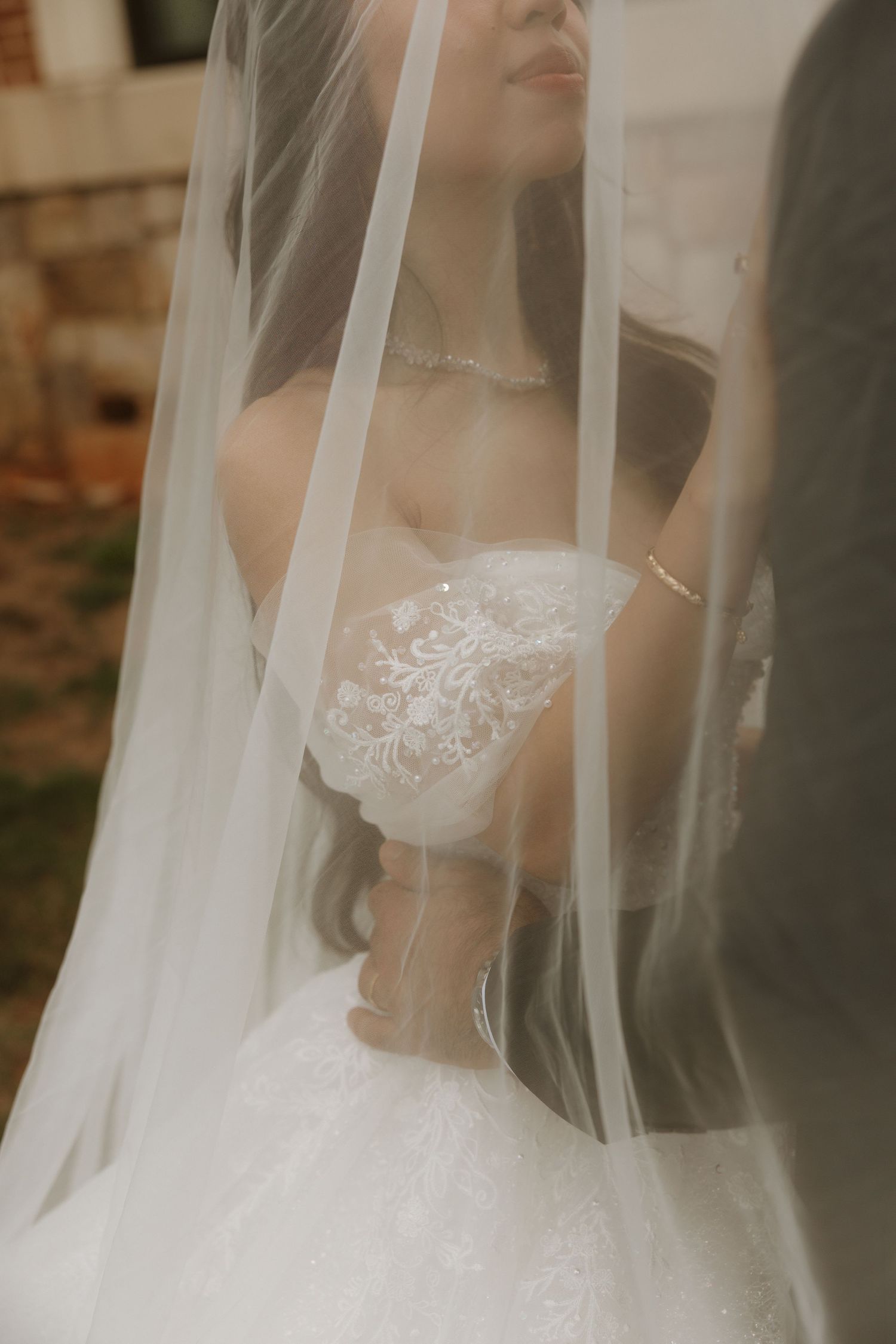 A romantic wedding photo sequence showing the bride through a delicate white veil in soft, warm lighting.