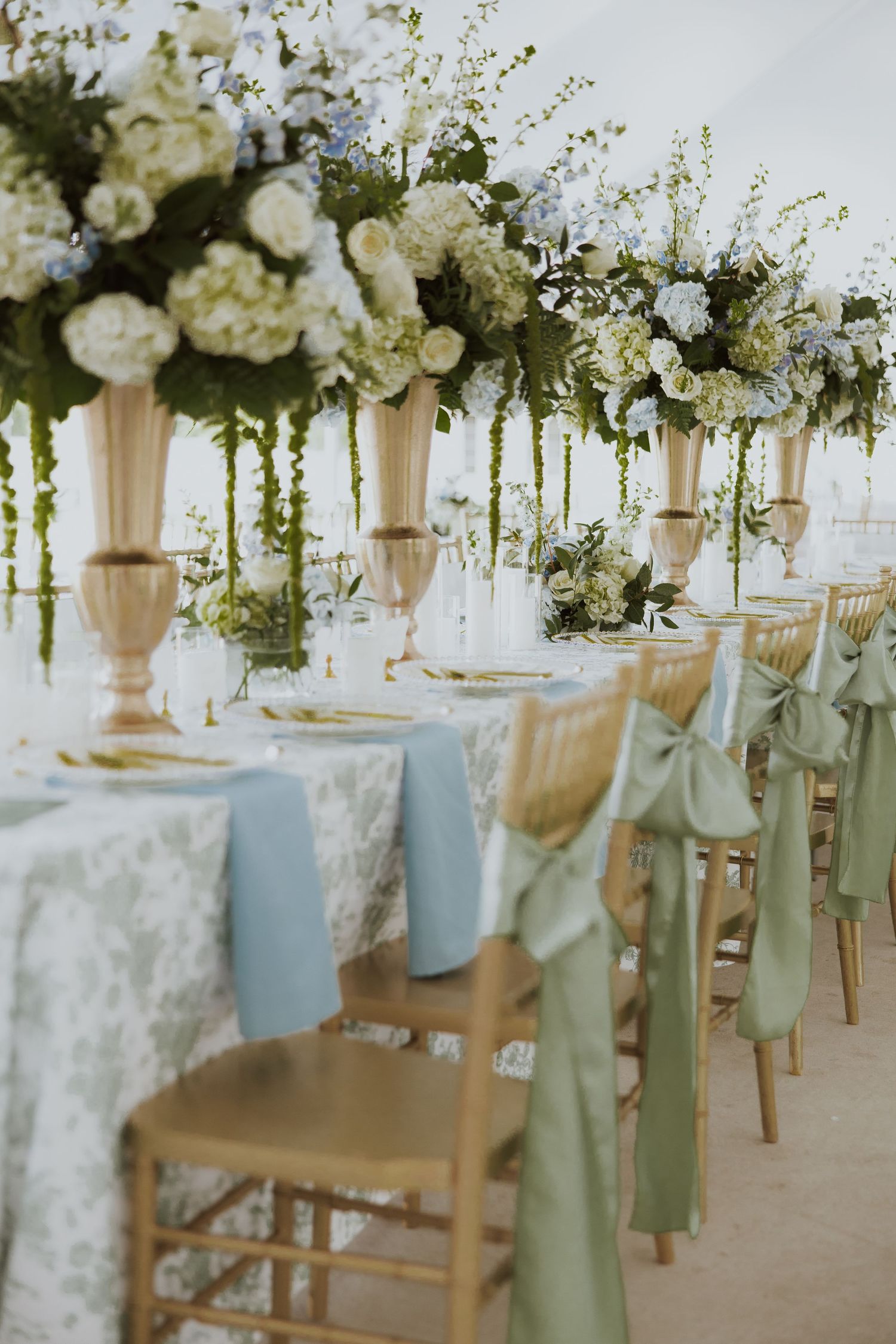 Wedding reception chairs adorned with light blue bows and white floral arrangements in a sunlit venue.