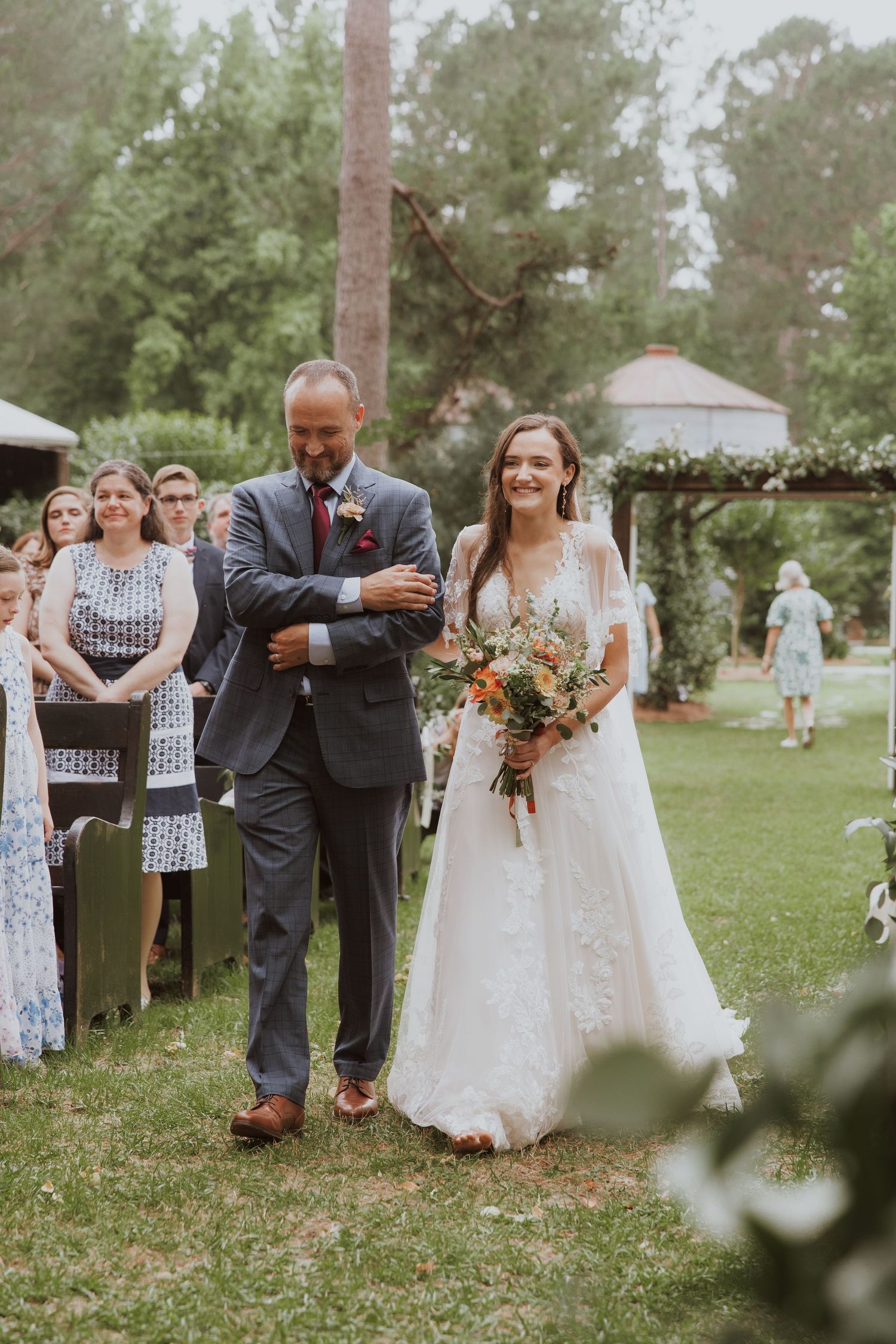 Candid outdoor wedding ceremony moments captured in a series of images showing guests and celebrations in a garden setting.
