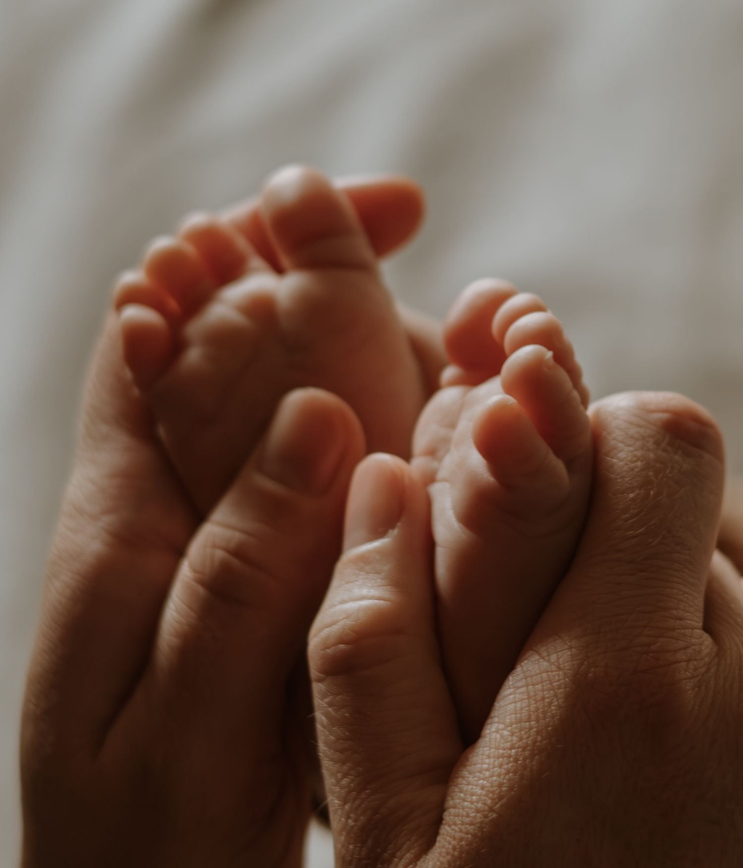 Gentle hands cradling tiny newborn baby feet in soft natural lighting.
