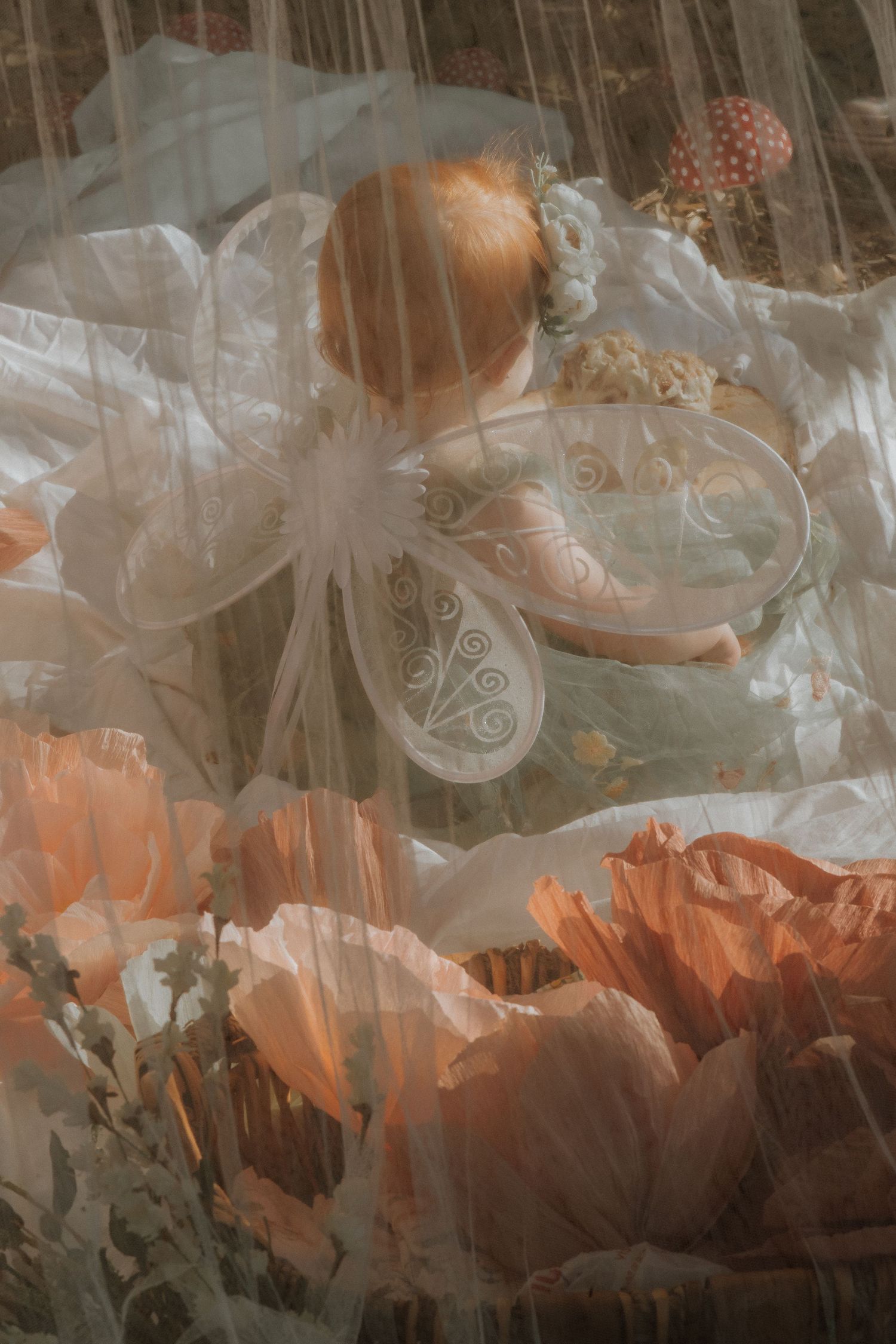 Fairy wings and peach roses in ethereal double exposure photo.
