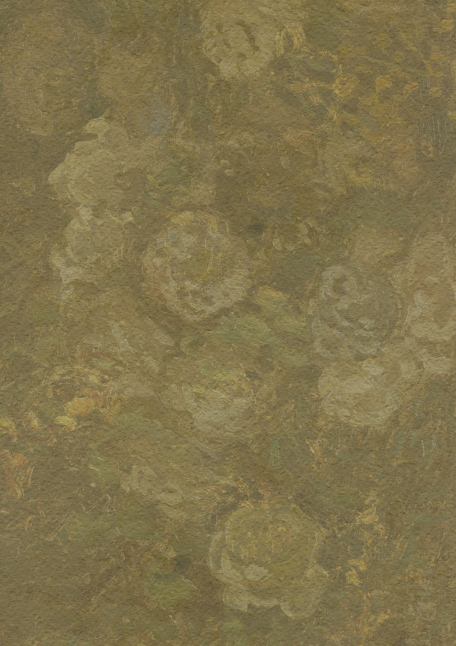 Textured olive green stone or slate background with faded circular floral patterns in muted beige tones.