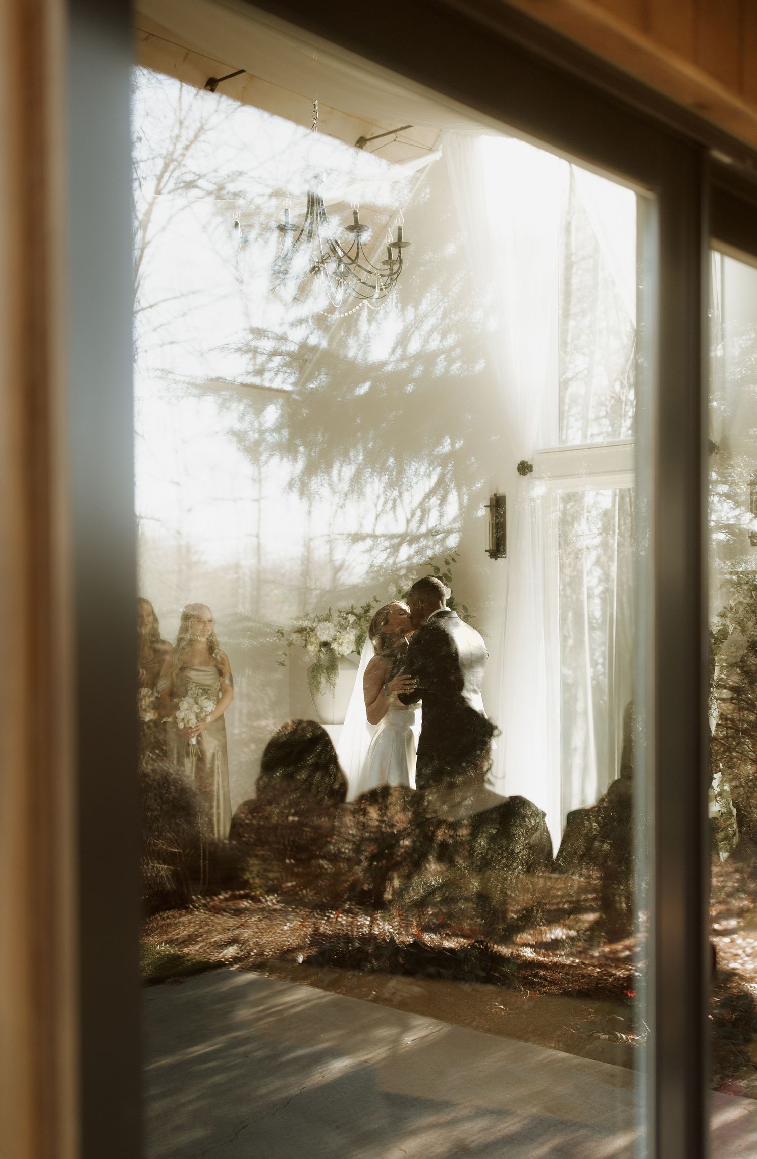 Misty sunlight streams through windows into a room with silhouetted figures and trees visible in the forest beyond.